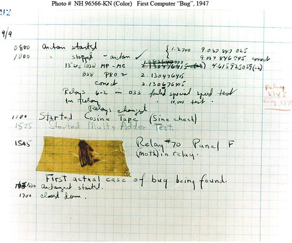 Photo of the first documented computer bug.